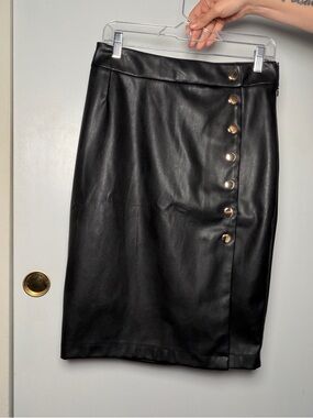 Black Faux Leather Pencil Skirt with Side Button Detail